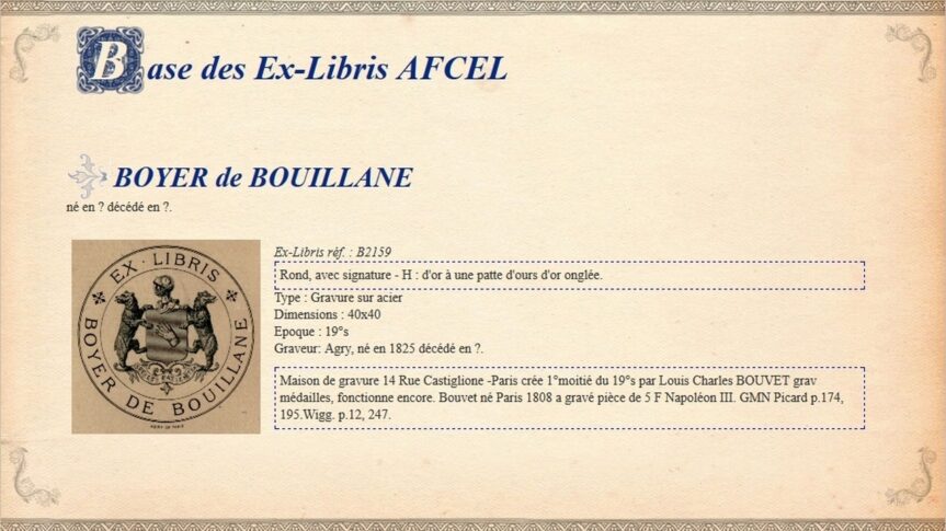 Ex-Libris de l&rsquo;avocat Boyer de Bouillane à Nîmes et de Franz Rudolf von Planta