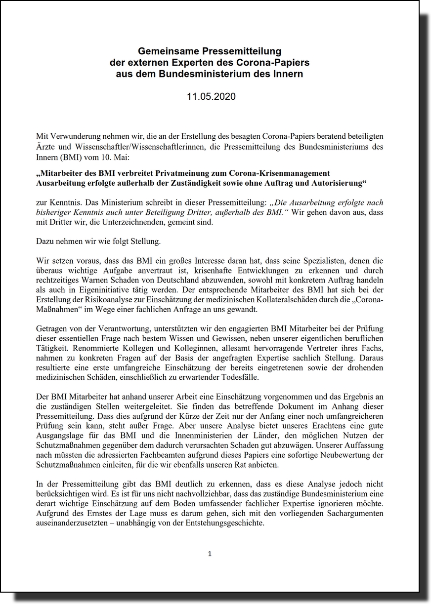 Communiqué de presse conjoint des experts externes sur le document Corona du ministère fédéral de l'Intérieur (11 mai 2020)