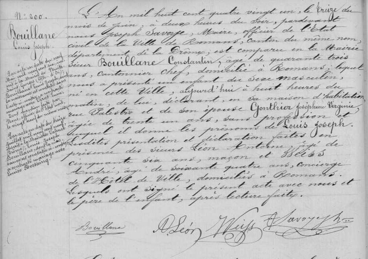 Acte de naissance de Louis Joseph Bouillane, le 13 juin 1881 à Romans, Drôme (France).
